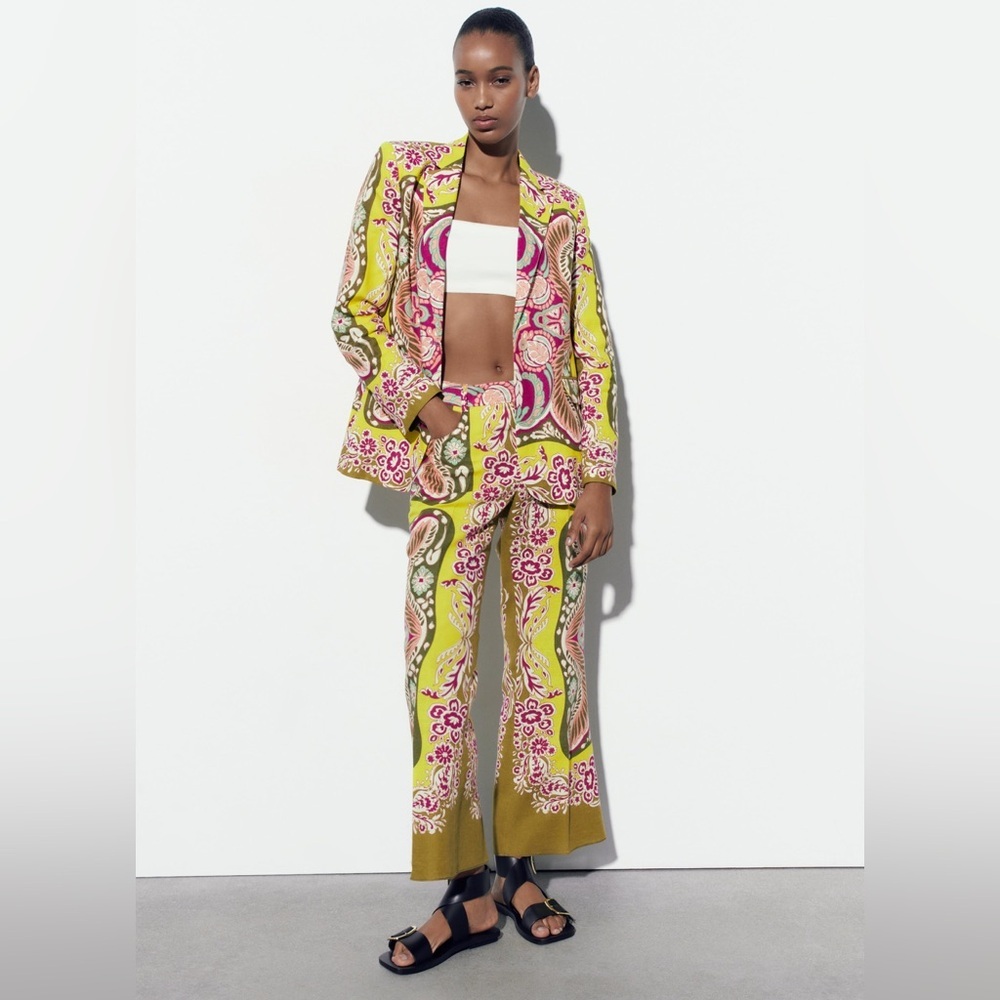 NWT Zara Crop Flare Linen Blend Pants Khaki Multi color XS - Picture 2 of 5